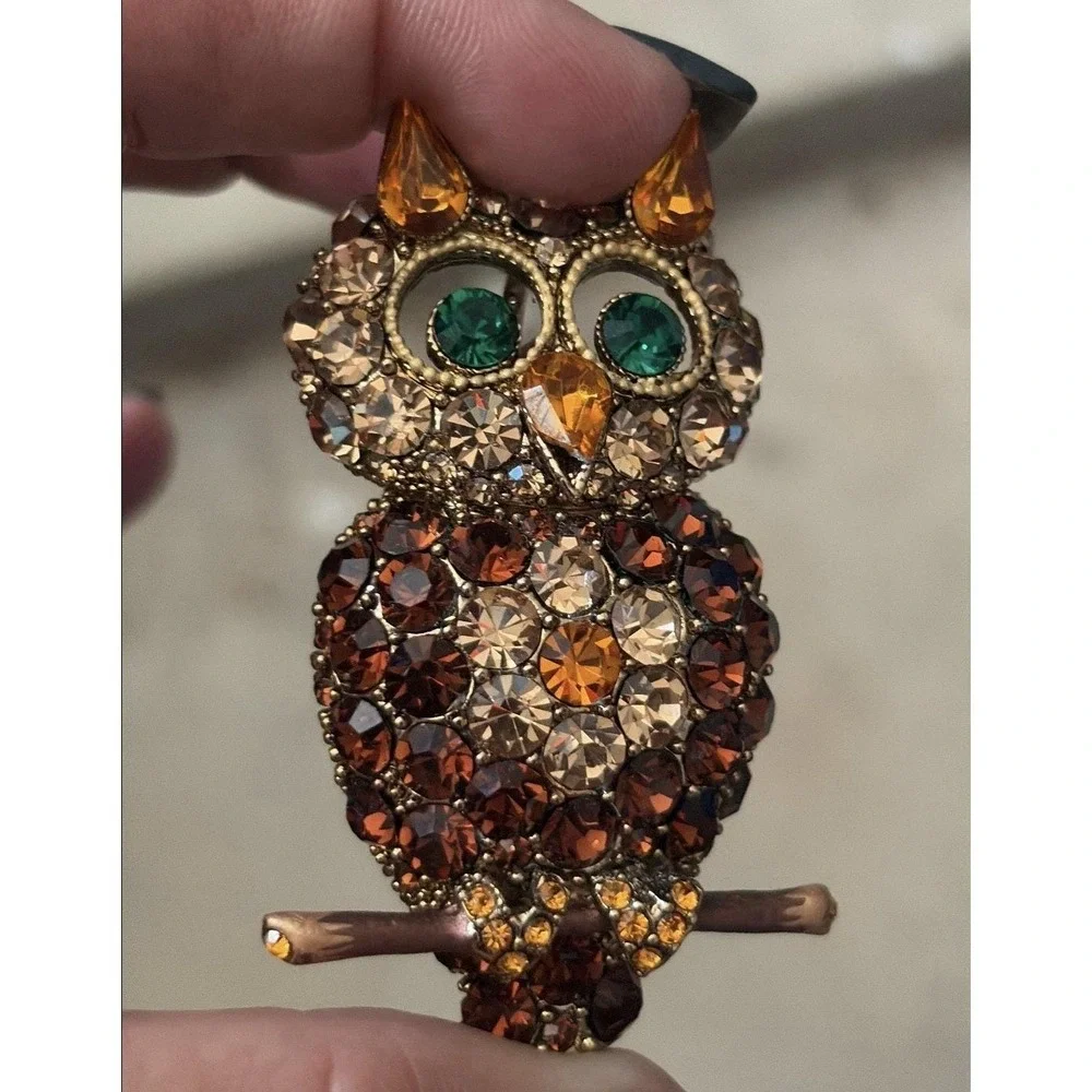 Hoot Owl Brooch Pendant Rhinestone Figural‎ Bling Amber Tone Statement Pin 2.5🦉